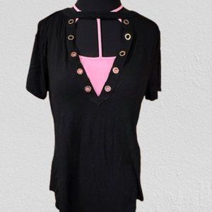 Choker V Neck T-shirt with Metal Eyelets   (2)  4237  NWT Boutique